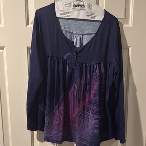 Blue and Purple Smocked Long Sleeve Blouse